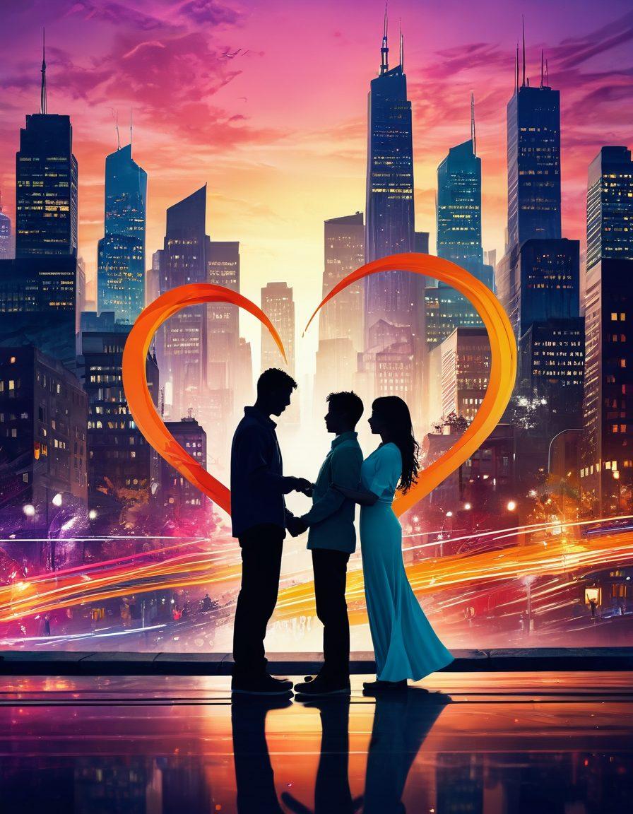 A heart-shaped musical staff winding through a bustling cityscape, symbolizing love and connection amidst chaos. Different diverse couples depicted in harmony, with vibrant colors reflecting their emotions. Abstract sound waves radiate from the heart, merging into the urban environment, illustrating the theme of bonding. The skyline is slightly blurred to emphasize warmth and intimacy. vibrant colors. super-realistic.