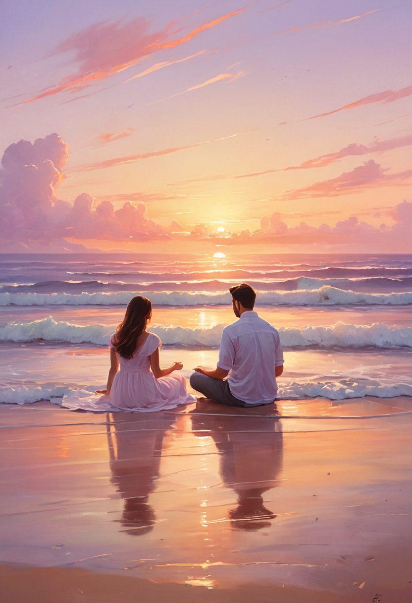 A serene landscape depicting a couple sitting on a quiet beach at sunset, surrounded by soft waves and colorful skies, symbolizing love in a peaceful silence. Gentle sound waves illustrated subtly in the air, capturing connection in an otherwise quiet environment. The couple's expressions convey deep understanding and affection, emphasizing the theme of finding harmony amidst noise. ethereal, soft focus, warm colors, impressionist style.