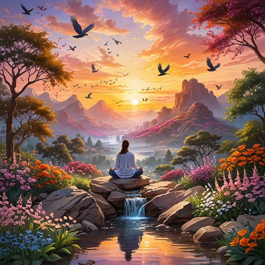 A serene landscape depicting a person meditating in a vibrant garden filled with colorful flowers, their hands raised towards a silent musical note symbol emerging from the sky. The background features a soft sunset, emitting warm hues to convey passion and tranquility. Elements of nature, such as flowing water and birds in flight, symbolize understanding and connection. super-realistic. vibrant colors. peaceful atmosphere.